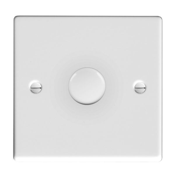 Hamilton Hartland Gloss White 1 Gang 200VA 2 Way Push On/Off Rotary Switching Dimmer with Gloss White Knob