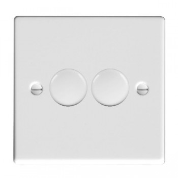 Hamilton Hartland Gloss White 2 Gang 100W Multi-Way Trailing/Leading Edge Push On/Off Rotary LED Dimmer with Gloss White Knobs