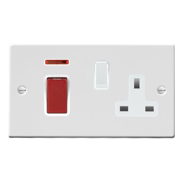 Hamilton Hartland Gloss White 45A Double Pole Switch with Red Rocker and Neon plus 13A Switched Socket with White Rocker and White Surround
