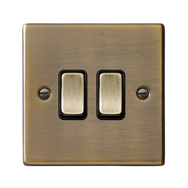 Hamilton 79R22AB-B Hartland Antique Brass 2 Gang 10AX 2 Way Switch with Antique Brass Rocker and Black Surround