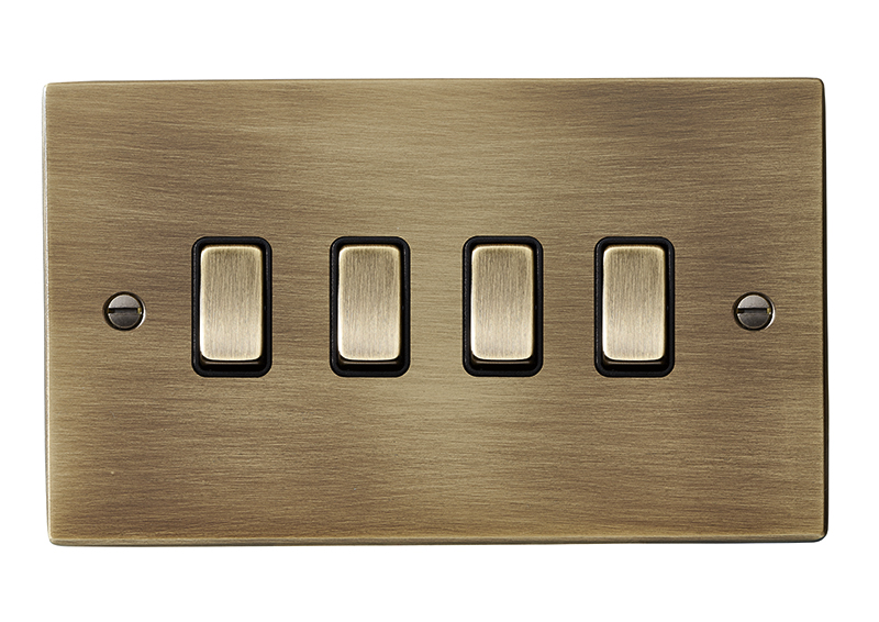 Hamilton 79R24AB-B Hartland Antique Brass 4 Gang 10AX 2 Way Switch with Antique Brass Rocker and Black Surround