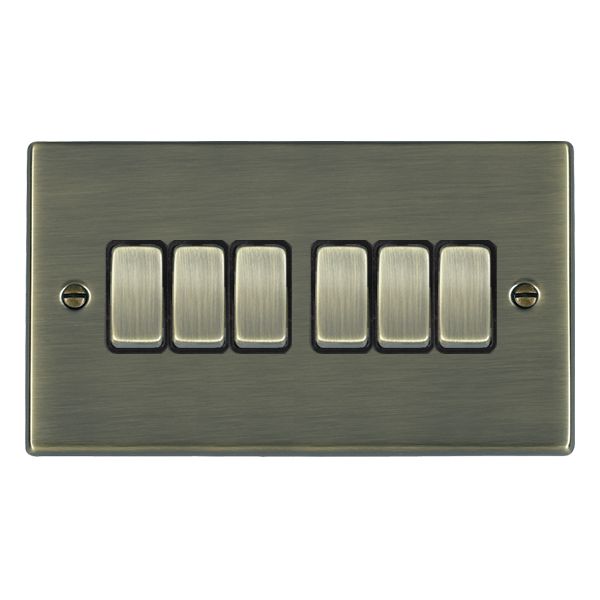 Hamilton 79R26AB-B Hartland Antique Brass 6 Gang 10AX 2 Way Switch with Antique Brass Rocker and Black Surround