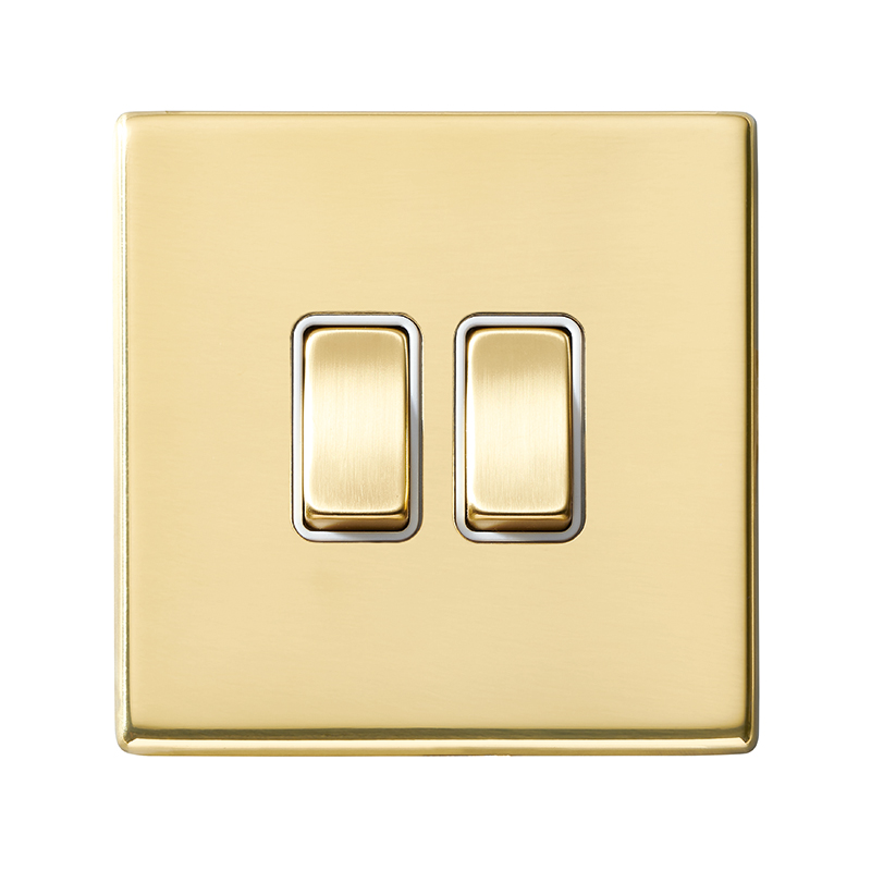 Hamilton 7G21R22PB-W Hartland G2 Polished Brass 2 Gang 10AX 2 Way Switch with Polished Brass Rocker and White Surround