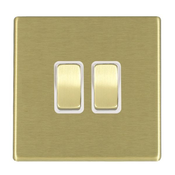 Hamilton 7G22R22SB-W Hartland G2 Satin Brass 2 Gang 10AX 2 Way Switch with Satin Brass Rocker and White Surround