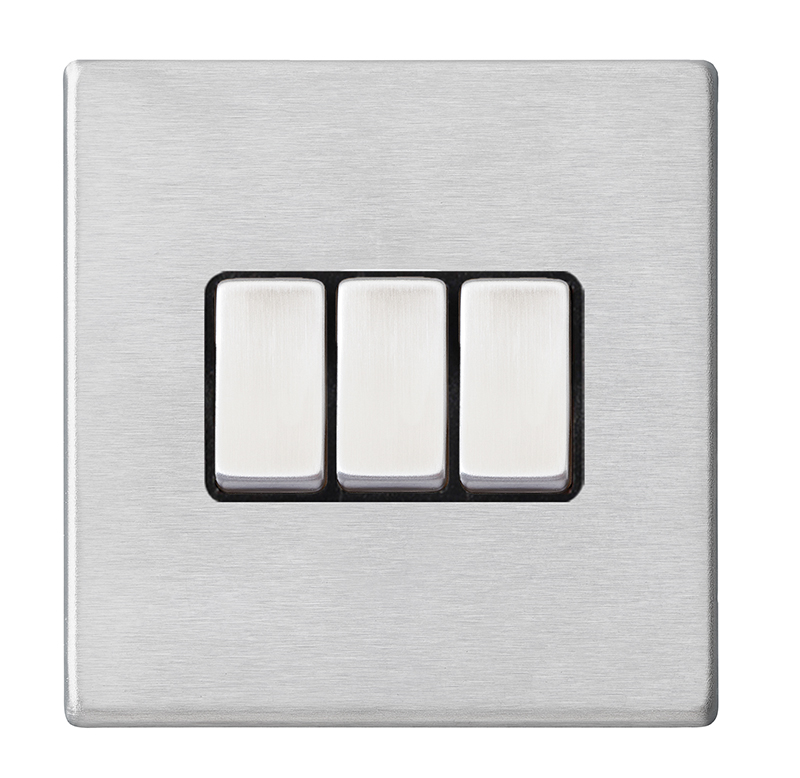 Hamilton 7G24R23SS-B Hartland G2 Satin Steel 3 Gang 10AX 2 Way Switch with Satin Steel Rocker and Black Surround