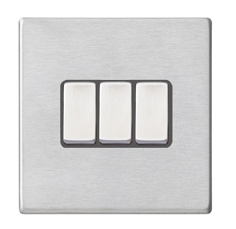 Hamilton 7G24R23SS-QG Hartland G2 Satin Steel 3 Gang 10AX 2 Way Switch with Satin Steel Rocker and Quartz Grey Surround