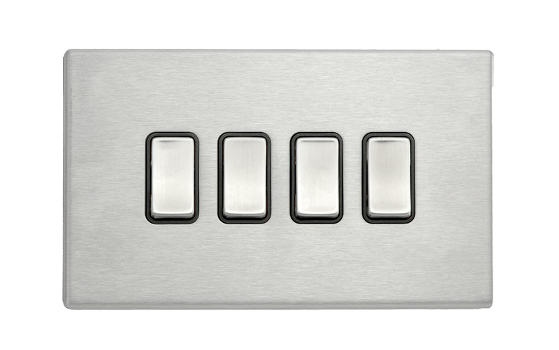 Hamilton 7G24R24SB-B Hartland G2 Satin Steel 4 Gang 10AX 2 Way Switch with Satin Steel Rocker and Black Surround