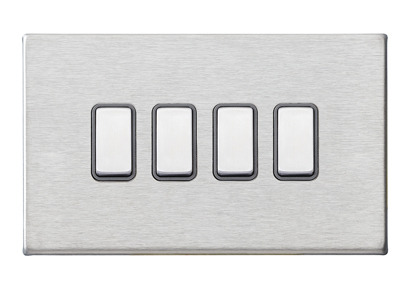 Hamilton 7G24R24SS-QG Hartland G2 Satin Steel 4 Gang 10AX 2 Way Switch with Satin Steel Rocker and Quartz Grey Surround