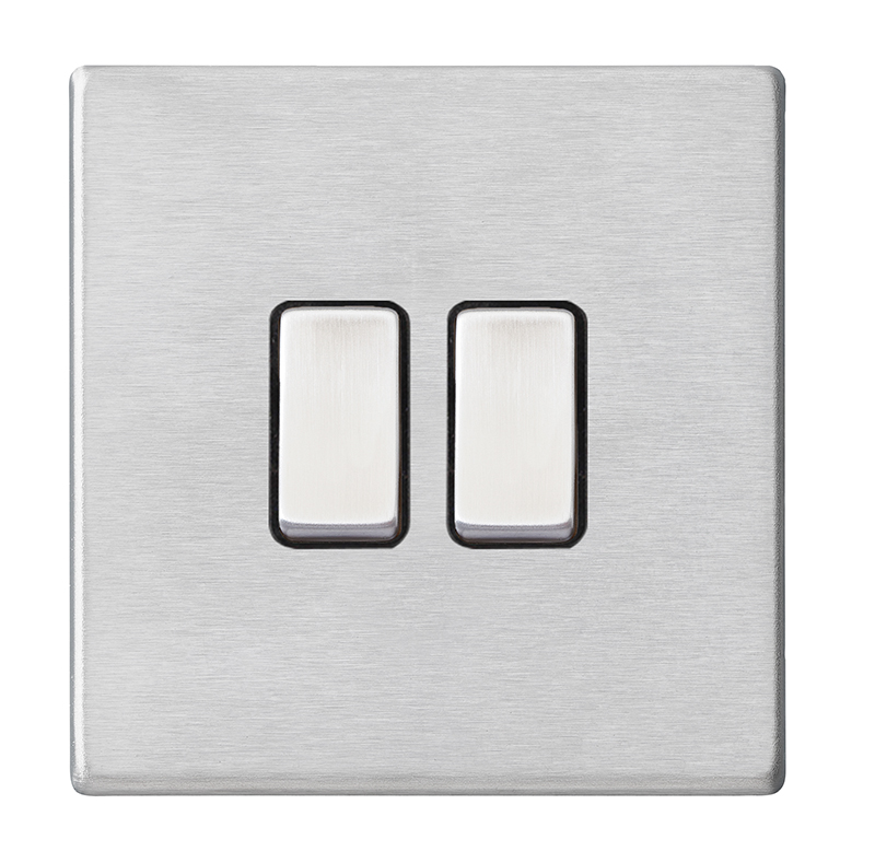 Hamilton 7G24R32SS-B Hartland G2 Satin Brass 2 Gang 10AX Intermediate Switch with Satin Steel Rocker and Black Surround