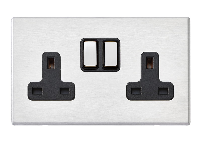 Hamilton Hartland G2 Satin Steel 2 gang 13A Double Pole Switched Socket Satin Steel/Black