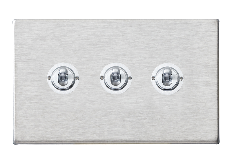 Hamilton Hartland G2 Satin Steel 3 Gang 20AX 2 Way Toggle Switch with Satin Chrome Toggles