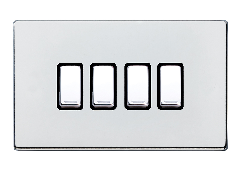 Hamilton 7G27R24BC-B Hartland G2 Bright Chrome 4 Gang 10AX 2 Way Switch with Bright Chrome Rocker and Black Surround