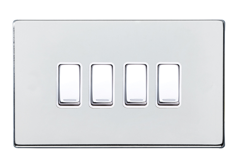 Hamilton 7G27R24BC-QG Hartland G2 Bright Chrome 4 Gang 10AX 2 Way Switch with Bright Chrome Rocker and White Surround