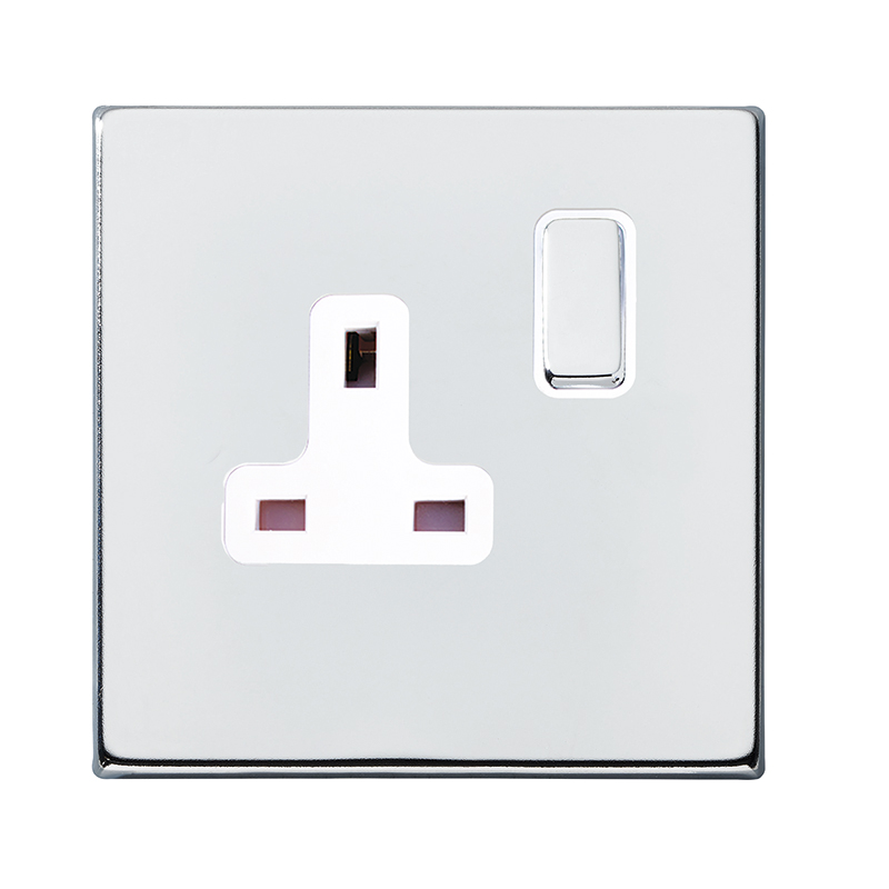 Hamilton 7G27SS1BC-W Hartland G2 Bright Chrome 1 Gang 13A Double Pole Switched Socket with Bright Chrome Rocker and White Surround
