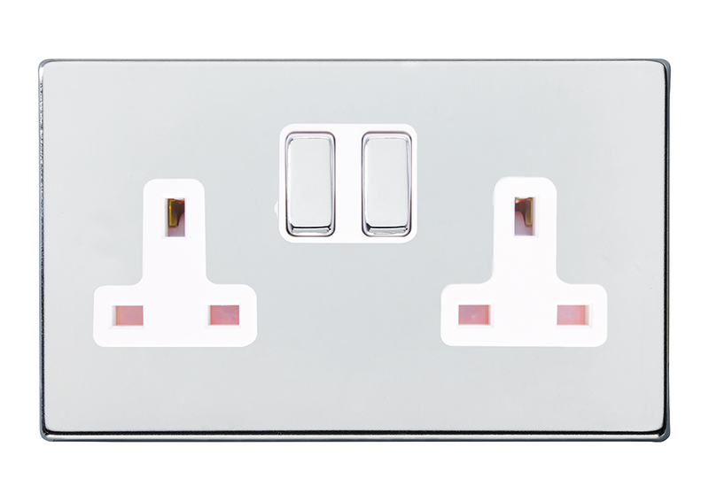 Hamilton Hartland G2 Bright Chrome 2 gang 13A Double Pole Switched Socket Bright Chrome/White