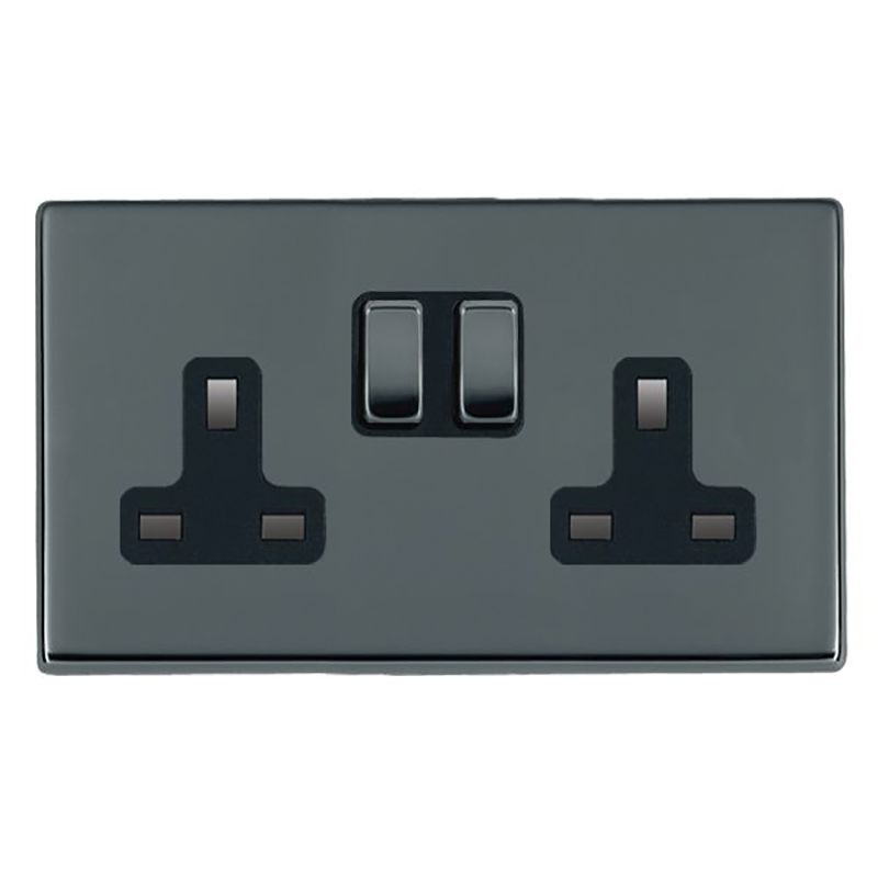 Hamilton 7G28SS2BK-B Hartland G2 Black Nickel 2 Gang 13A Double Pole Switched Socket with Black Nickel Rocker and Black Surround