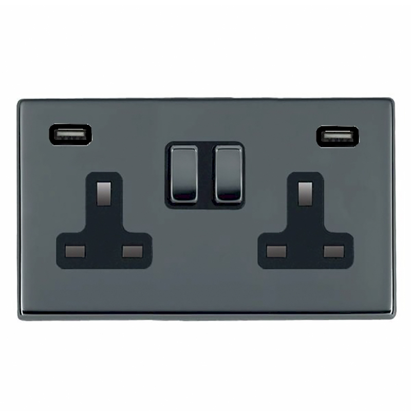 Hamilton Hartland G2 Black Nickel 2G 13A Double Pole Switched Socket with 2 USB Ultra Outlets 2x2.4A Black Nickel/Black
