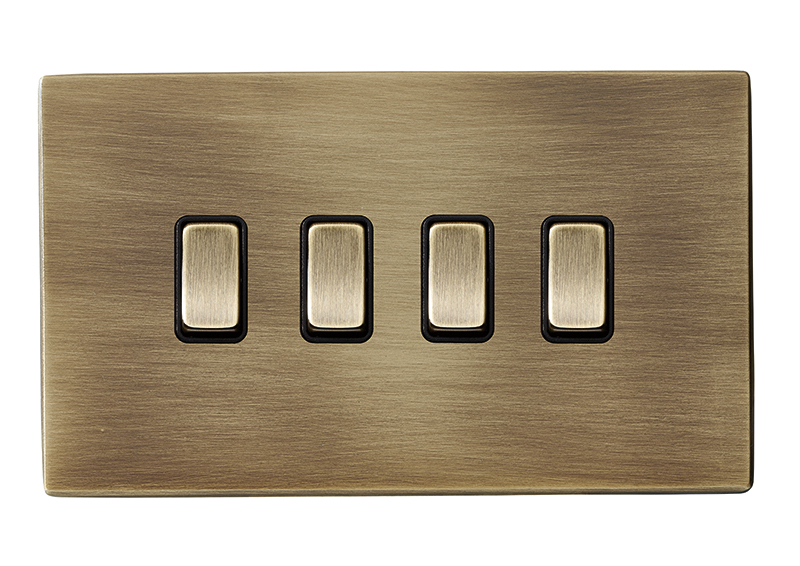 Hamilton 7G29R24AB-B Hartland G2 Antique Brass 4 Gang 10AX 2 Way Switch with Antique Brass Rocker and Black Surround