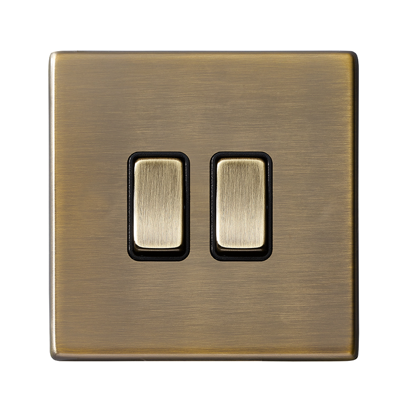 Hamilton 7G29R32AB-B Hartland G2 Antique Brass 2 Gang 10AX Intermediate Switch with Antique Brass Rocker and Black Surround