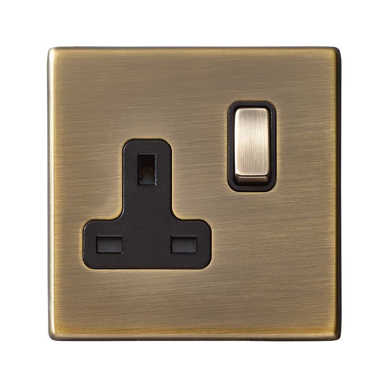 Hamilton 7G29SS1AB-B Hartland G2 Antique Brass 1 Gang 13A Double Pole Switched Socket with Antique Brass Rocker and Black Surround