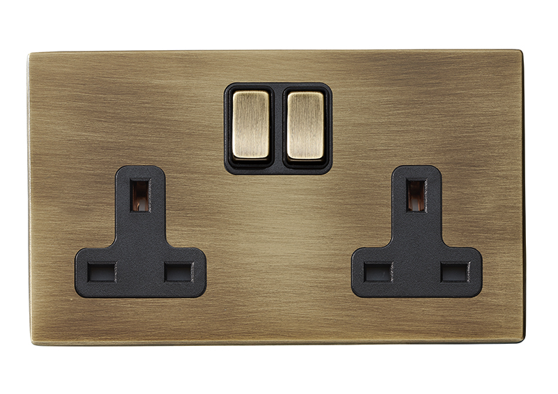 Hamilton Hartland G2 Antique Brass 2 gang 13A Double Pole Switched Socket [Antique Brass/Black]