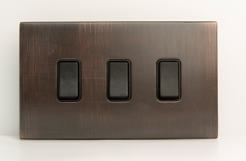 Hamilton 7G2EBR23EB-B Hartland G2 Etrium Bronze 3 Gang 10AX 2 Way Switch with Black Rocker and Black Surround