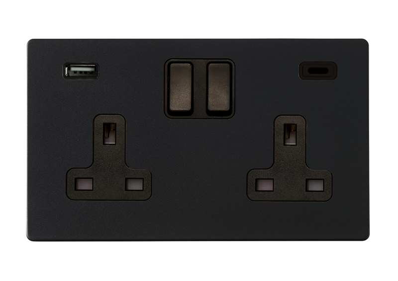 Hamilton Hartland G2 Matt Black 2 gang 13A Double Pole Switched Socket with 1 USB + 1 USB Type C Outlet 2x2.4A Black/Black