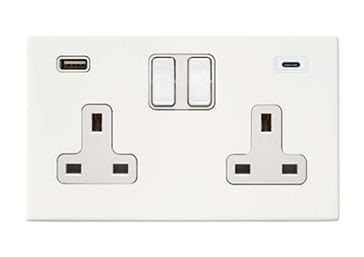 Hamilton Hartland G2 Matt White 2 gang 13A Double Pole Switched Socket with 1 USB + 1 USB Type C Outlet 2x2.4A [White/White]