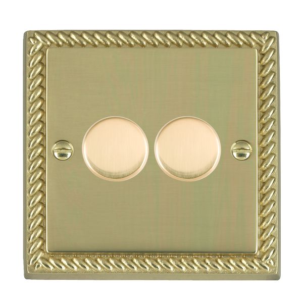 Hamilton 902X2V Cheriton Georgian Polished Brass 2 Gang 200VA Inductive Leading Edge Push On/Off Rotary 2 Way Switching Dimmer with Polished Brass Knob