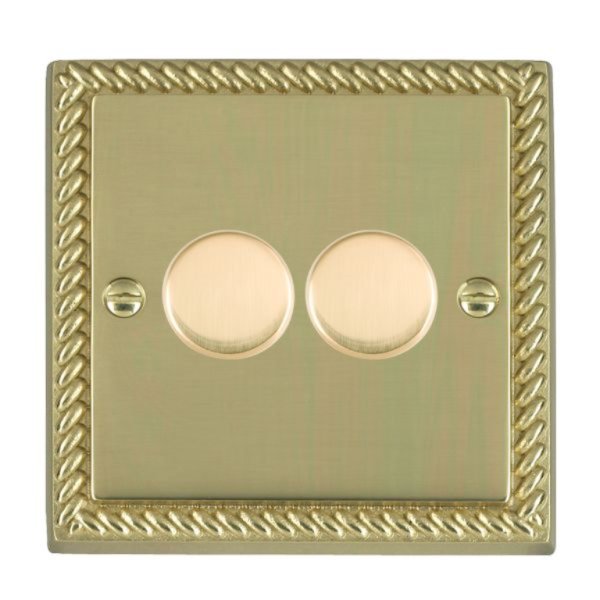 Hamilton 902XLEDITB100 Cheriton Georgian Polished Brass 2 Gang 100W 2 Way Push On/Off Rotary Switching LED Dimmer with Polished Brass Knobs