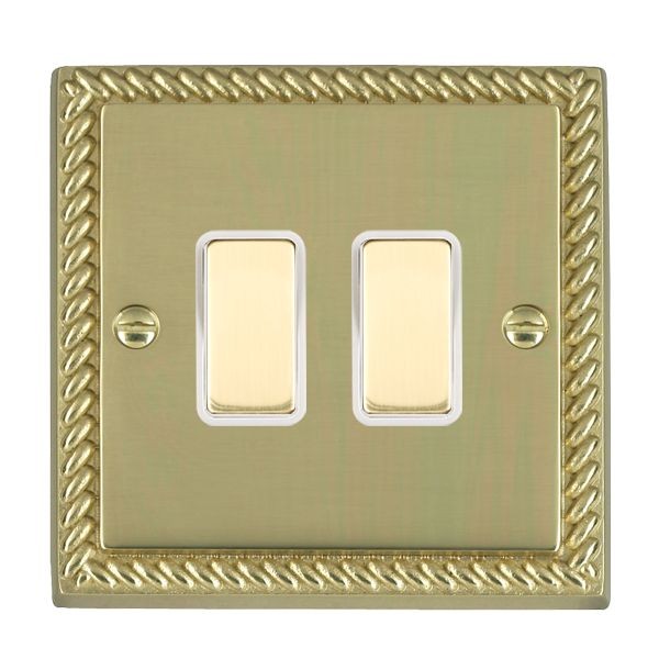 Hamilton 902XTMPB-W Cheriton Georgian Polished Brass 2 Gang 250W/210VA Multi-Way Touch Master Dimmer with Polished Brass Inserts and White Surround