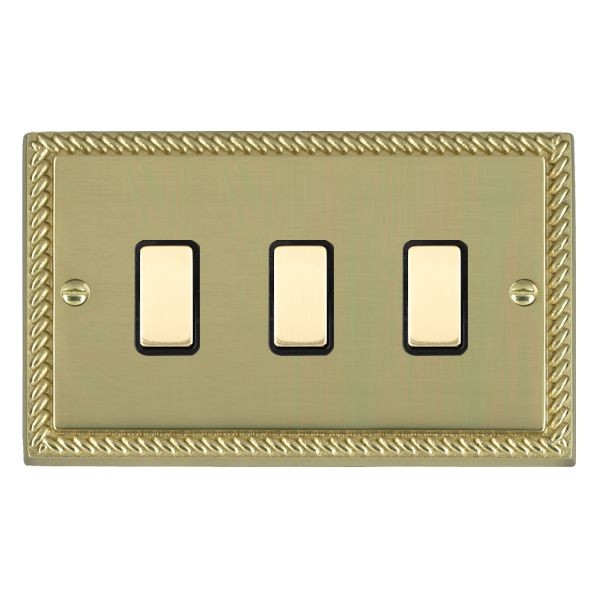 Hamilton 903XTMPB-B Cheriton Georgian Polished Brass 3 Gang 250W/210VA Multi-Way Touch Master Dimmer with Polished Brass Inserts and Black Surround