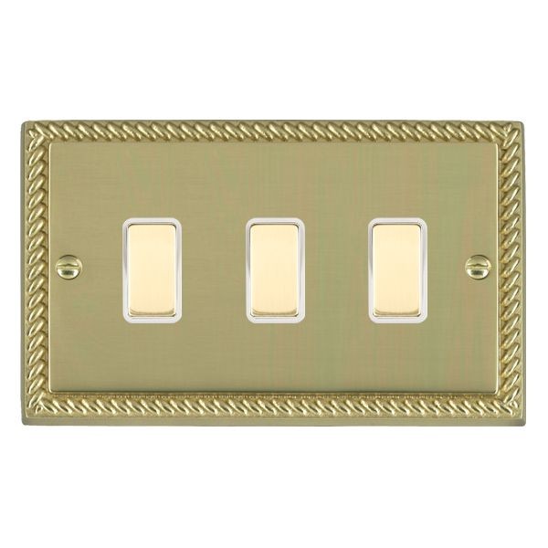 Hamilton 903XTMPB-W Cheriton Georgian Polished Brass 3 Gang 250W/210VA Multi-Way Touch Master Dimmer with Polished Brass Inserts and White Surround