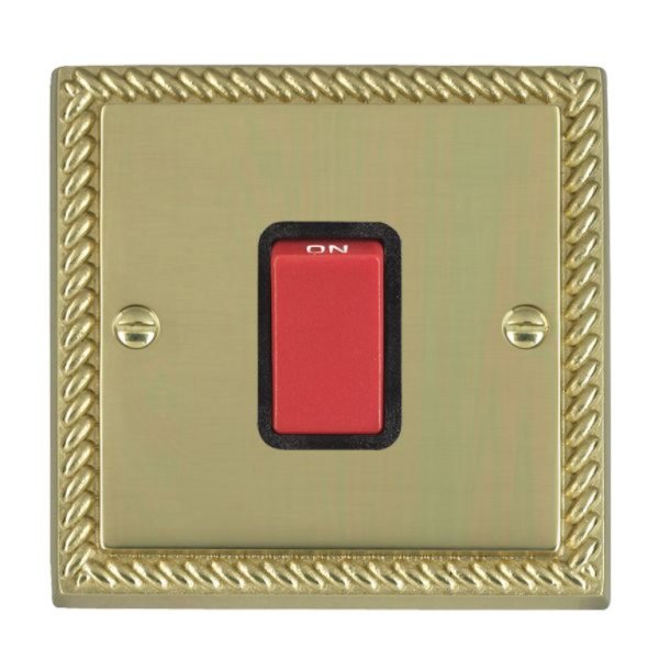 Hamilton 9045B Cheriton Georgian Polished Brass 45A Double Pole Switch with Red Rocker and Black Surround
