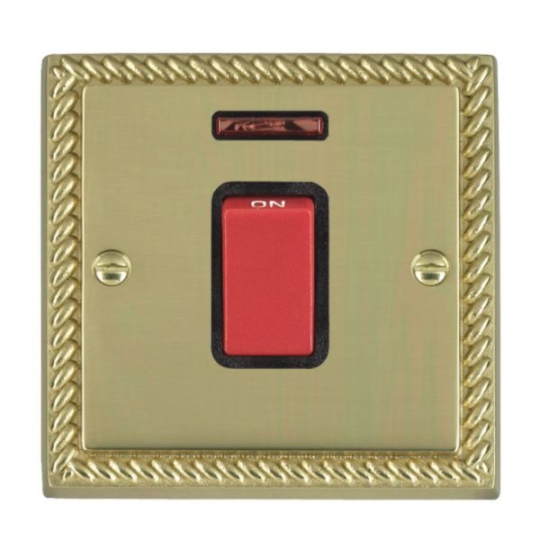 Hamilton 9045NB Cheriton Georgian Polished Brass 45A Double Pole Switch and Neon with Red Rocker and Black Surround