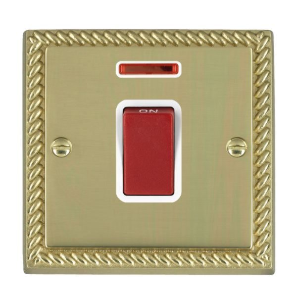Hamilton 9045NW Cheriton Georgian Polished Brass 45A Double Pole Switch and Neon with Red Rocker and White Surround