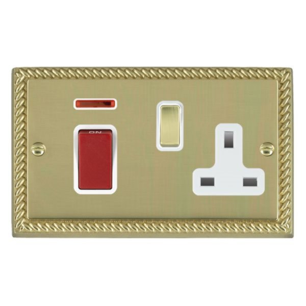 Hamilton 9045SS1PB-W Cheriton Georgian Polished Brass 45A Double Pole Switch with Red Rocker and Neon plus 13A Switched Socket with Polished Brass Rocker and White Surround