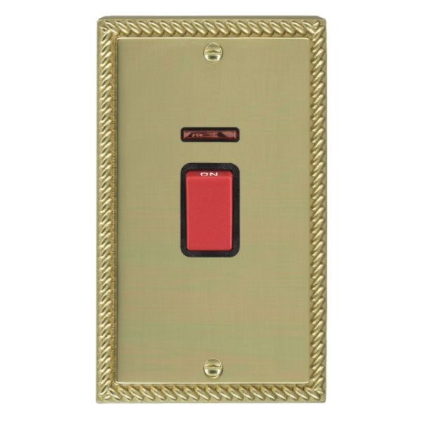 Hamilton 9045VB Cheriton Georgian Polished Brass 45A Vertical Double Pole Switch and Neon with Red Rocker and Black Surround
