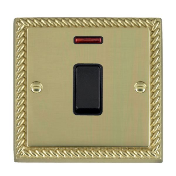 Hamilton 90DPNBL-B Cheriton Georgian Polished Brass 1 Gang 20AX Double Pole Switch and Neon with Black Rocker and Black Surround