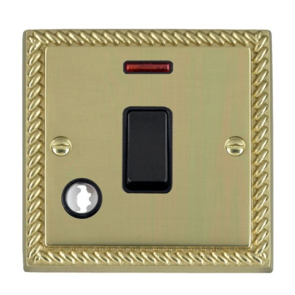 Hamilton 90DPNCBL-B Cheriton Georgian Polished Brass 1 Gang 20AX Double Pole Switch, Neon and Cable Outlet with Black Rocker and Black Surround