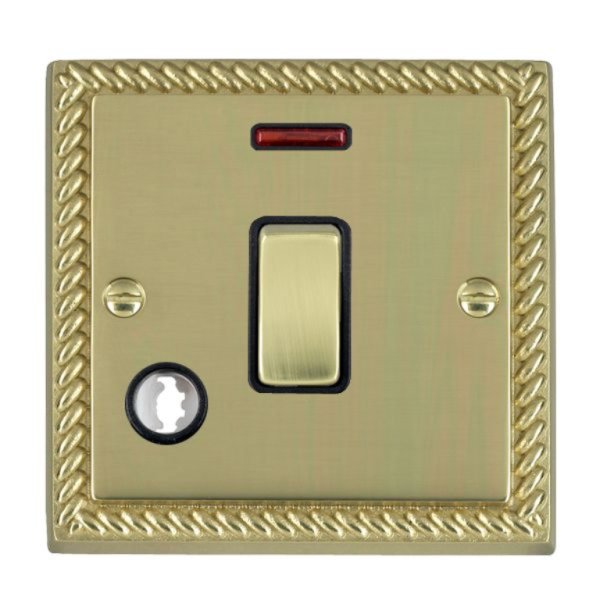 Hamilton 90DPNCPB-B Cheriton Georgian Polished Brass 1 Gang 20AX Double Pole Switch, Neon and Cable Outlet with Polished Brass Rocker and Black Surround