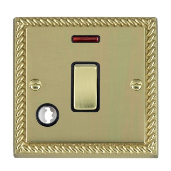 Hamilton 90DPNCPB-B Cheriton Georgian Polished Brass 1 Gang 20AX Double Pole Switch, Neon and Cable Outlet with Polished Brass Rocker and Black Surround