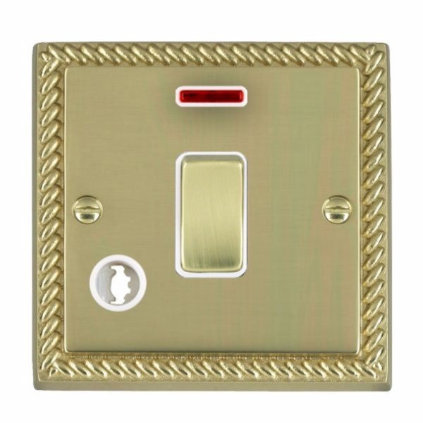 Hamilton 90DPNCPB-W Cheriton Georgian Polished Brass 1 Gang 20AX Double Pole Switch, Neon and Cable Outlet with Polished Brass Rocker and White Surround