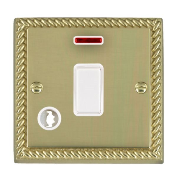 Hamilton 90DPNCWH-W Cheriton Georgian Polished Brass 1 Gang 20AX Double Pole Switch, Neon and Cable Outlet with White Rocker and White Surround