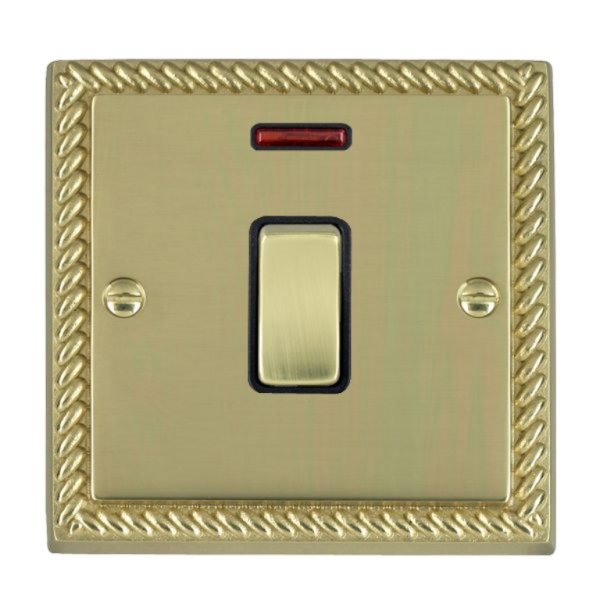 Hamilton 90DPNPB-B Cheriton Georgian Polished Brass 1 Gang 20AX Double Pole Switch and Neon with Polished Brass Rocker and Black Surround