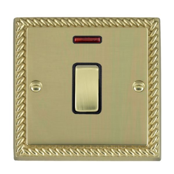 Hamilton 90DPNPB-B Cheriton Georgian Polished Brass 1 Gang 20AX Double Pole Switch and Neon with Polished Brass Rocker and Black Surround