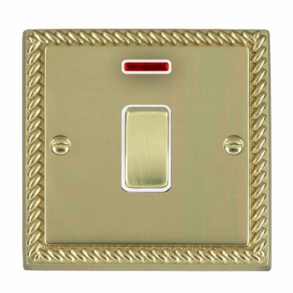 Hamilton 90DPNPB-W Cheriton Georgian Polished Brass 1 Gang 20AX Double Pole Switch and Neon with Polished Brass Rocker and White Surround