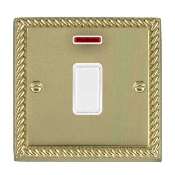 Hamilton 90DPNWH-W Cheriton Georgian Polished Brass 1 Gang 20AX Double Pole Switch and Neon with White Rocker and White Surround