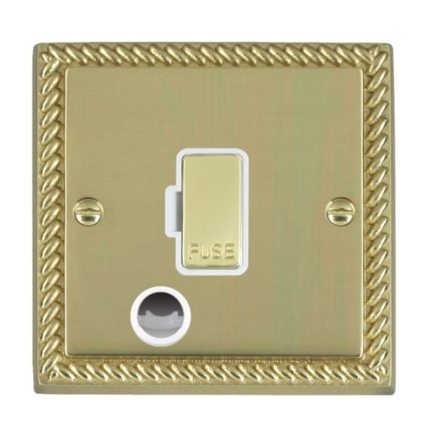 Hamilton 90FOCPB-W Cheriton Georgian Polished Brass 13A Unswitched Fused Spur and Cable Outlet with Polished Brass Insert and White Surround