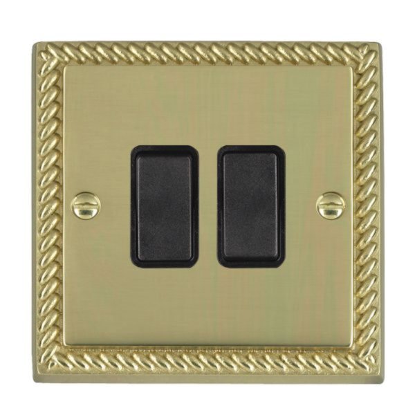 Hamilton 90R22BL-B Cheriton Georgian Polished Brass 2 Gang 10AX 2 Way Switch with Black Rockers and Black Surround